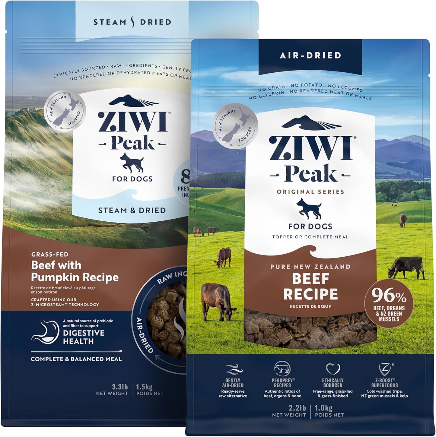 ZIWI Peak Medium Beef Dry Dog Food Bundle-Air-Dried Beef (35.2oz) + Steam & Dried Beef w/Pumpkin (52.8oz)