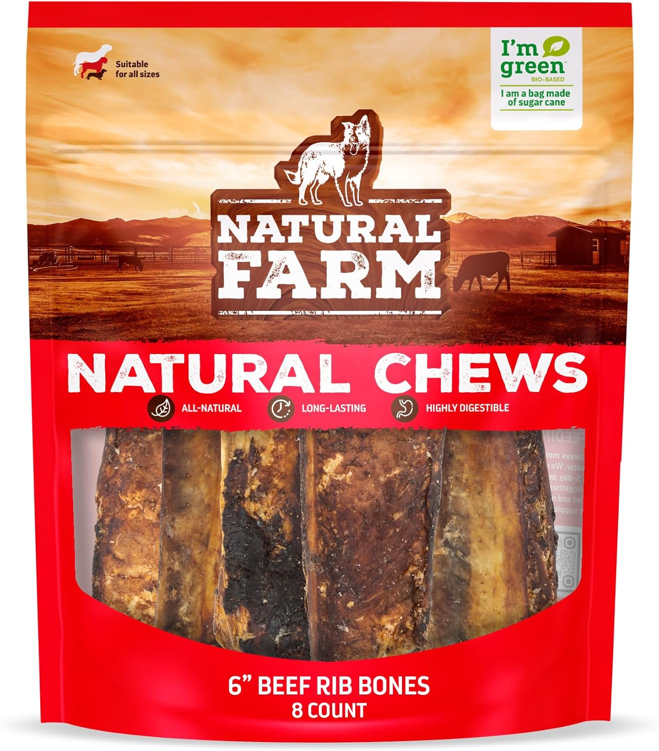 Natural Farm Rib Bones for Dogs (6 Inch, 8 Pack) - Beef Ribs for Dogs, Farm-Raised Cattle - Slow-Roasted Flavor - Low Odor for Indoor, Outdoor Chewing - Promotes Dental Health