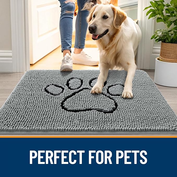 OLANLY Door Mat for Muddy Dog Paws 70x24, Ultra Absorbent Chenille Mud Doormat with Paw Print Design, Non-Slip Washable Doormat for Indoor Entryway, Quick-Dry Pet Bed Mats for Dirty Dogs, Grey