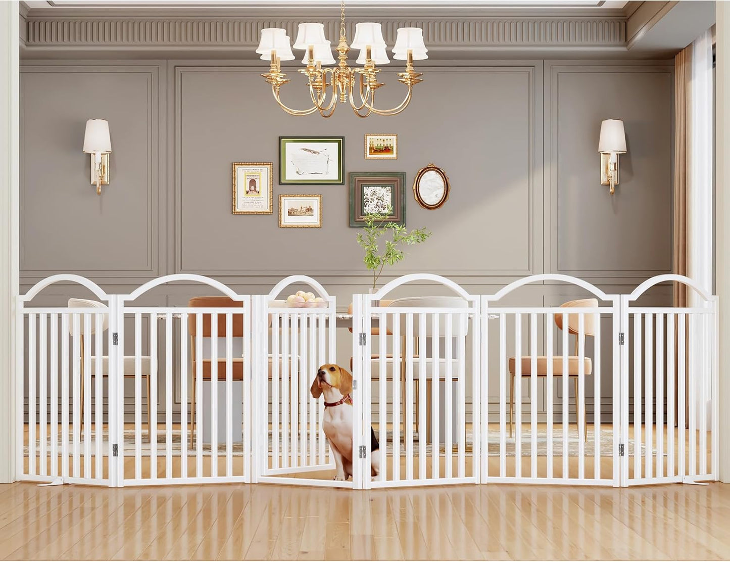 UDD Dog Gate Indoor 144" Extra Wide, 32" Tall Foldable Pet Gate with Door for Stairs Doorways Hallways Porch, Freestanding No Drilling Metal Pet Fence for Dogs Puppy, White 6-Panel