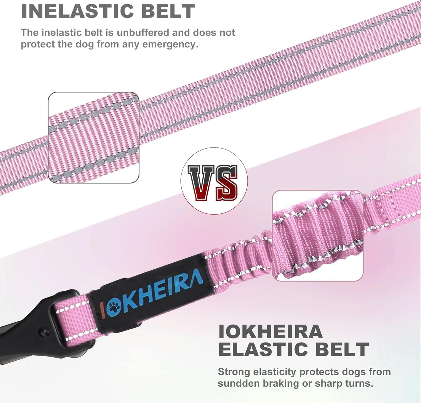 IOKHEIRA Dog Seat Belt 3-in-1 Car Harness for Pets Adjustable Safety Seatbelt Nylon Reflective Bungee Fabric Dog Car Harness with Clip Hook Latch & Buckle, Swivel Zinc Alloy Carabiner (Pink)
