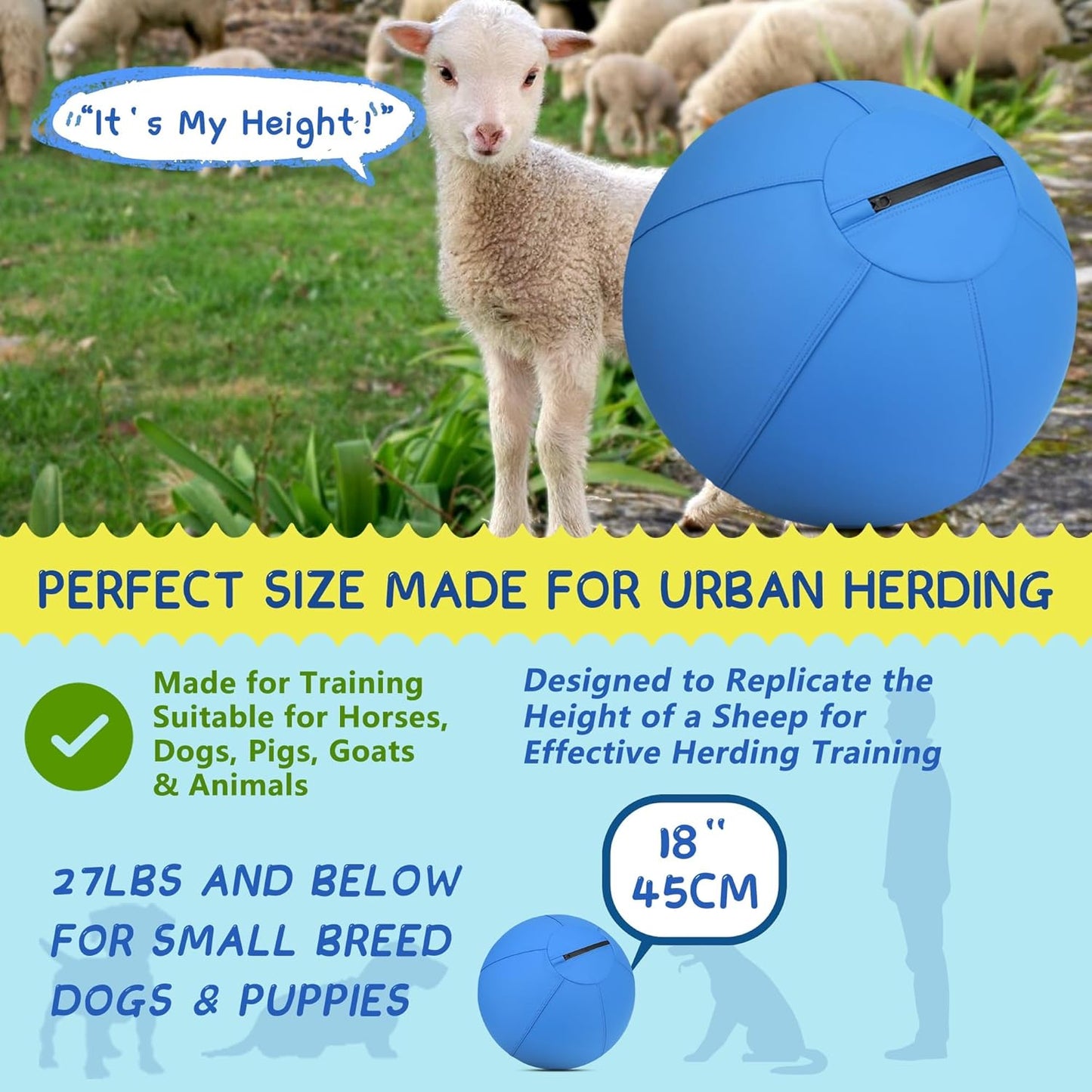 Herding Ball for Dogs and Horses - 18" Jolly Ball for Dogs, Agility Training Equipment, Herding for Australian/German Shepherd, Improved Bite-Resistant, Reinforced Sewing Dog Toys - Blue Medium