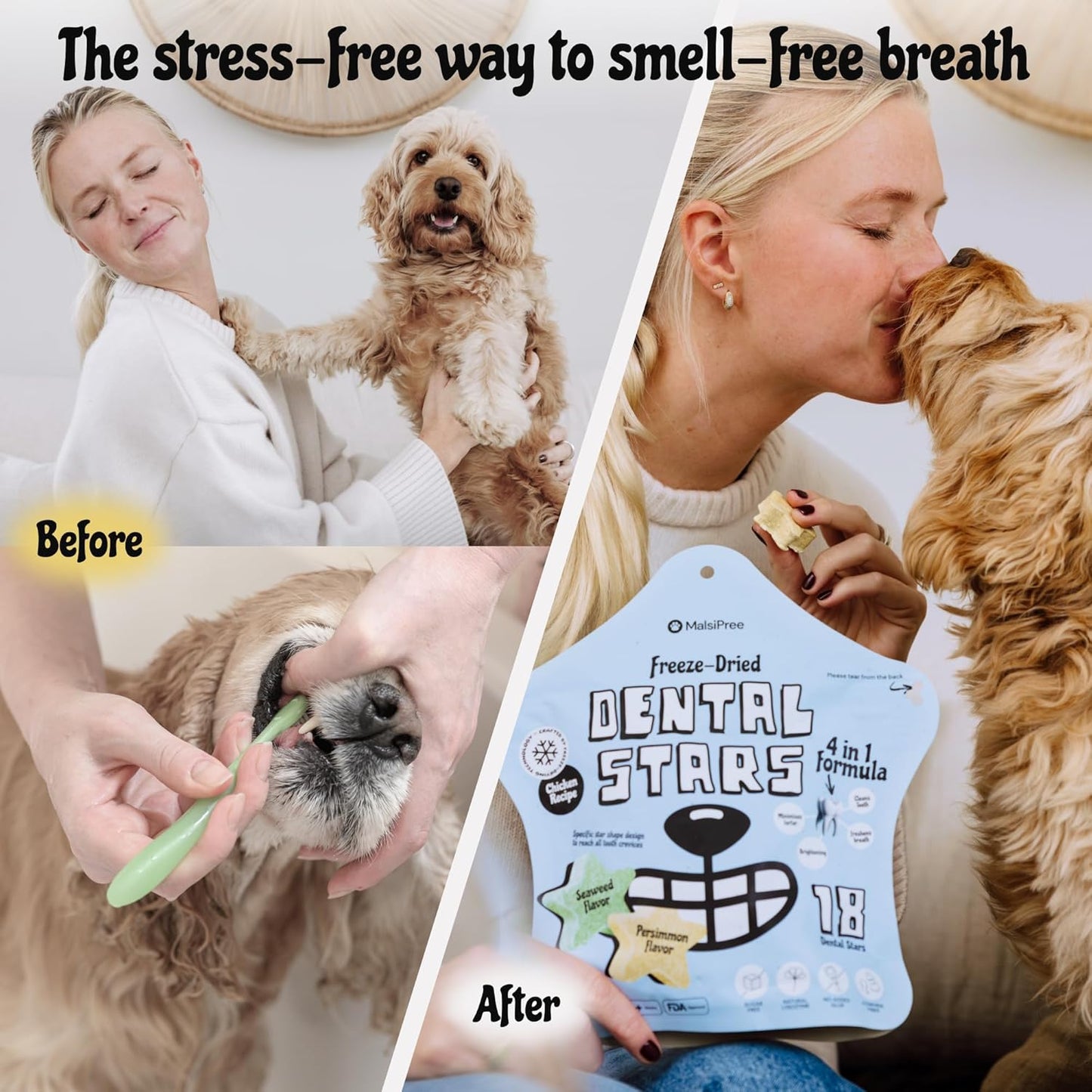 MalsiPree Freeze Dried Dental Chews for Dogs - Clean, Brighten, Freshen Breath & Minimize Tartar - Dog Teeth Cleaning Chews - Anti-Choke - Natural Lysozyme (Chicken Base, 18 pc)