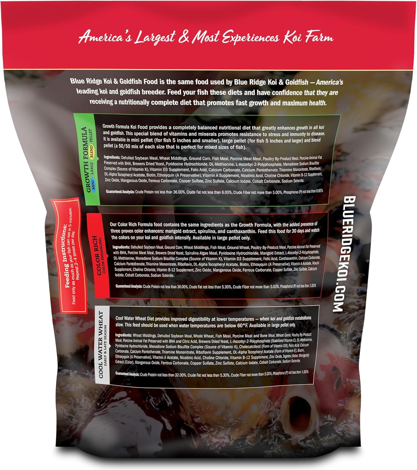 Blue Ridge Koi Fish Food 5lb - Koi Food Large 3/16" Growth Formula, Goldfish Food, Premium Fish Food for Ponds, Ponds Fish Food, Floating Pond Pellets