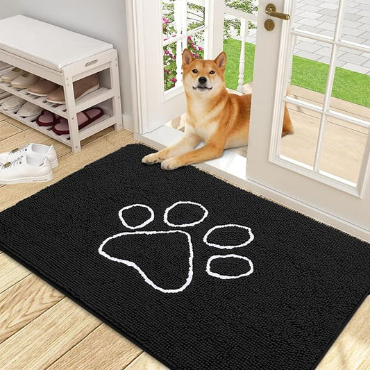 OLANLY Door Mat for Muddy Dog Paws 48x30, Ultra Absorbent Chenille Mud Doormat with Paw Print Design, Non-Slip Washable Doormat for Indoor Entryway, Quick-Dry Pet Bed Mats for Dirty Dogs, Black