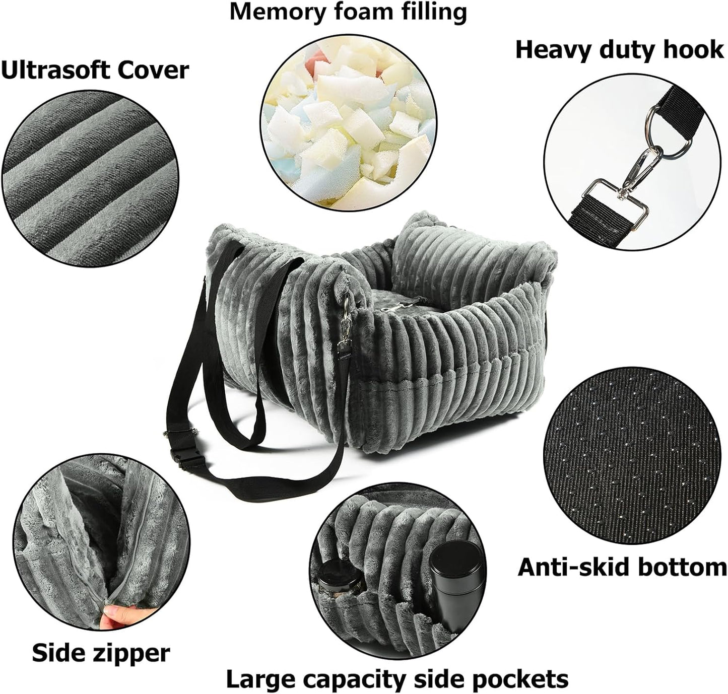 Dog Car Booster Seat, for Small Dogs Under 30 lbs, Detachable Washable Travel Bed with Storage Pockets and Safety Belt (Grey, Medium)