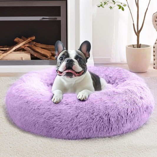 JOLLYVOGUE Calming Dog & Cat Bed for Small Dogs, Anti-Anxiety Donut Cuddler Cozy Soft Round Bed with Anti-Slip Bottom, Fluffy Faux Fur Plush Cushion Beds for Small Medium Pets (20")