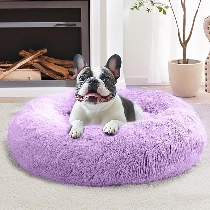 JOLLYVOGUE Calming Dog & Cat Bed for Large Dogs, Anti-Anxiety Donut Cuddler Cozy Soft Round Bed with Anti-Slip Bottom, Fluffy Faux Fur Plush Cushion Beds for Medium Dogs (36")