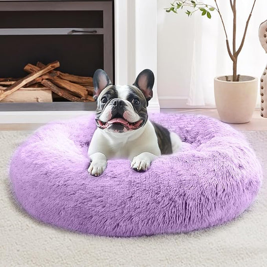 JOLLYVOGUE Calming Dog & Cat Bed for Large Dogs, Anti-Anxiety Donut Cuddler Cozy Soft Round Bed with Anti-Slip Bottom, Fluffy Faux Fur Plush Cushion Beds for Medium Dogs (36")