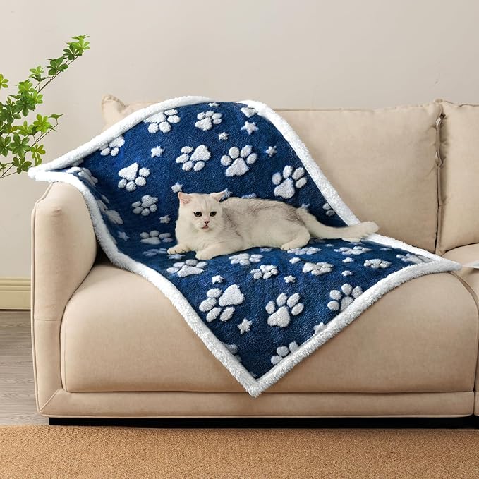 Waterproof Blanket for Dog Cat or Adult, Cute 3D Textured Paw Dog Blanket for Bed Couch Sofa, Soft Liquid Pee Proof Pet Furniture Protector, 60"x80", Navy Blue