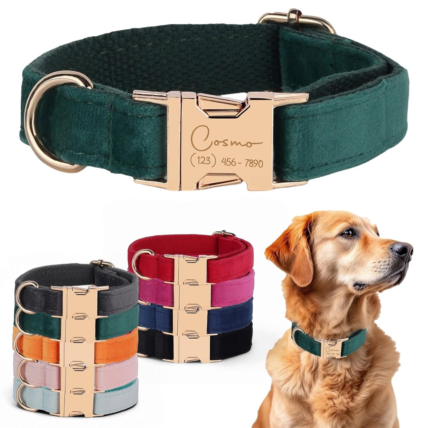 Custom Name Dog Collar, Engraved Personalized Dog Collar with Name on it and Phone Number, Quick Release Gold Metal Buckle, Poop Bag, Harness, Leash Available, Red, Black, Emerald, Pink, Luxury Soft Comfy Velvet Collar (Medium)