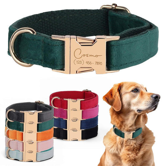 Custom Name Dog Collar, Engraved Personalized Dog Collar with Name on it and Phone Number, Quick Release Gold Metal Buckle, Poop Bag, Harness, Leash Available, Red, Black, Emerald, Pink, Luxury Soft Comfy Velvet Collar (Medium)