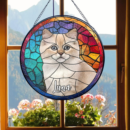 Lovely POD Personalized Cat Stained Glass Suncatcher, Memorial Keepsake Remembrance Gift for Fur Lovers, Custom Name Pet Photo Ornament Window Hanging, Home Decor, Sympathy Gift for Loss of Cat