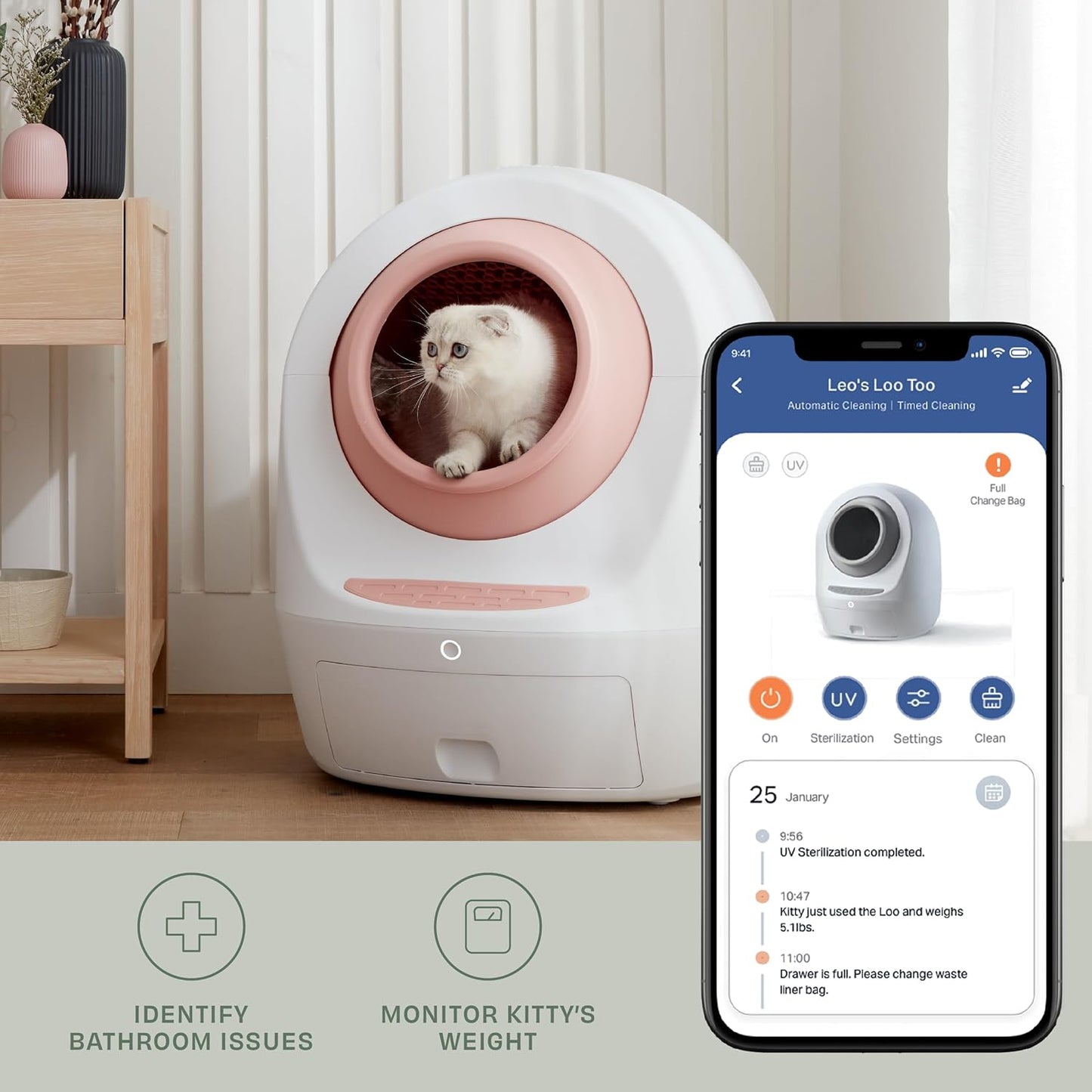 Casa Leo Leo’s Loo Too Self-Cleaning Cat Litter Box, Wi-Fi App Control, <30 dB Whisper-Soft, Anti-Pinch Sensors, UV Odor Defense, Health Monitoring, Large 24 × 22 × 27.6 in