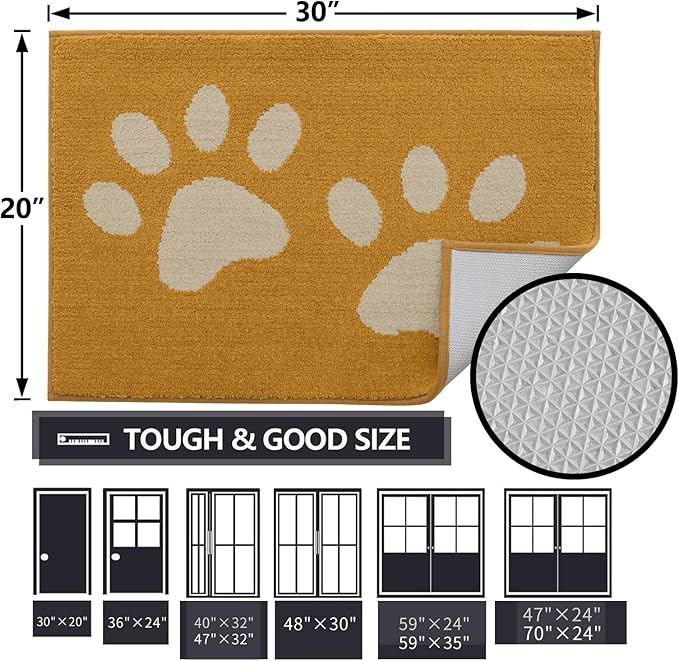 Buganda Dog Door Mat for Muddy Paws, Absorbent Dirt Trapper Washable Indoor Doormats, Non Slip Low-Profile Mud Mat for Dogs, Front Entrance Doormat for Inside Floor (30x20 Inches, Yellow)