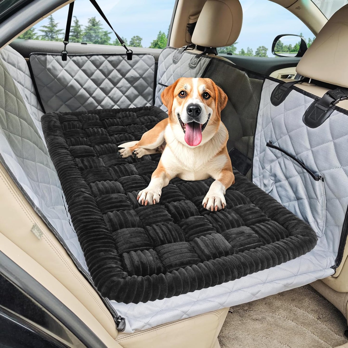 Dog Car Bed Mat, Non-Slip Backseat Extender Pet Blanket, Plaid Dog Bed for Trucks, Sedans & Large SUVs, Chew-Resistant Travel Pad for Dogs, Easy Clean & Scratch-Proof & Comfort (56"x28.7") Black