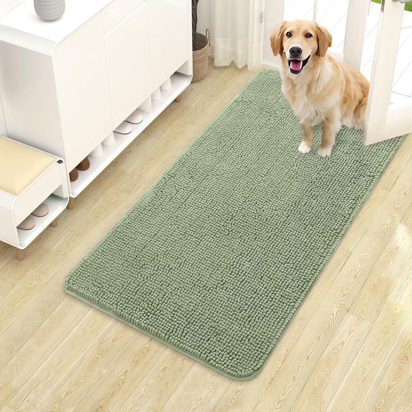 OLANLY Dog Door Mat for Muddy Paws 40x24, Absorbs Moisture and Dirt, Absorbent Non-Slip Washable Doormat, Quick Dry Chenille Mud Mat for Dogs, Entry Indoor Entryway Carpet for Inside Floor, Sage Green
