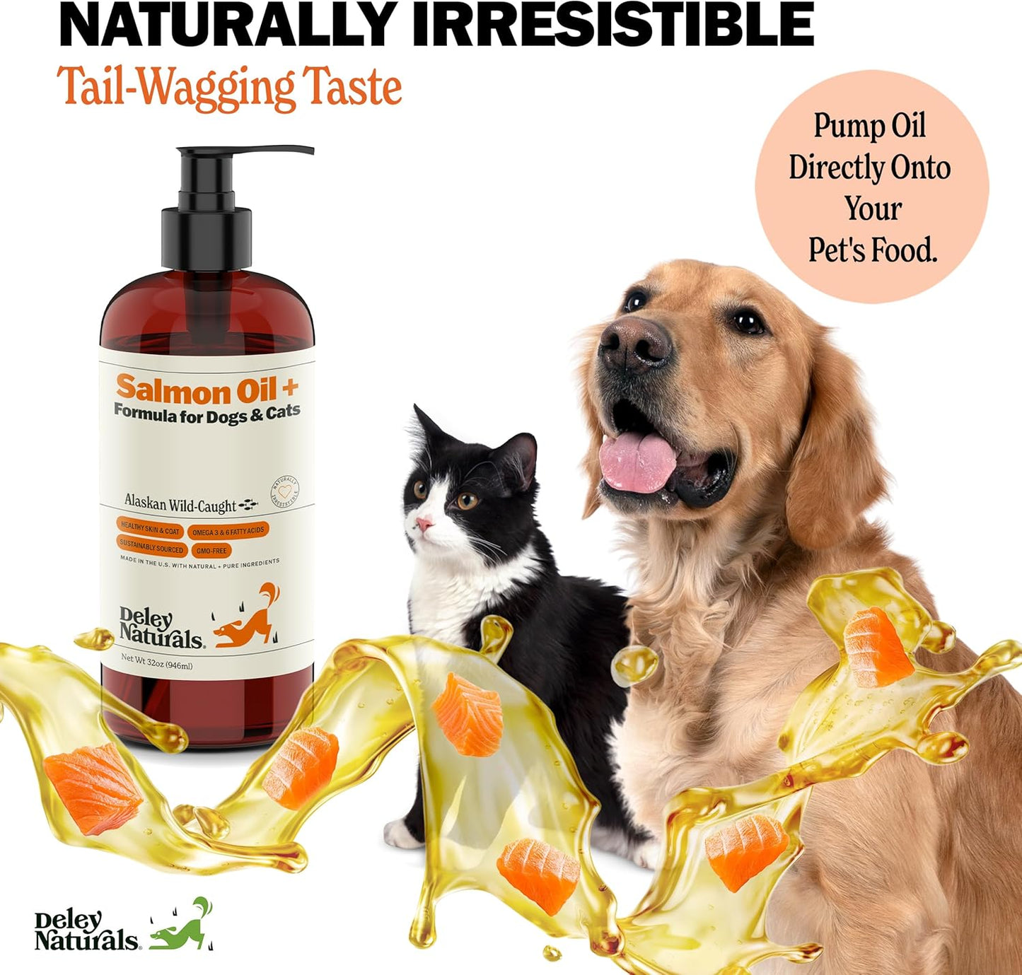 Deley Naturals Wild Alaskan Salmon Oil for Dogs - New & Improved Salmon Oil Plus Formula - Fish Oil for Dogs with DHA EPA Omega 3 & 6 Fatty Acids - Omega 3 Fish Oil for Skin & Coat - 32oz Made in USA