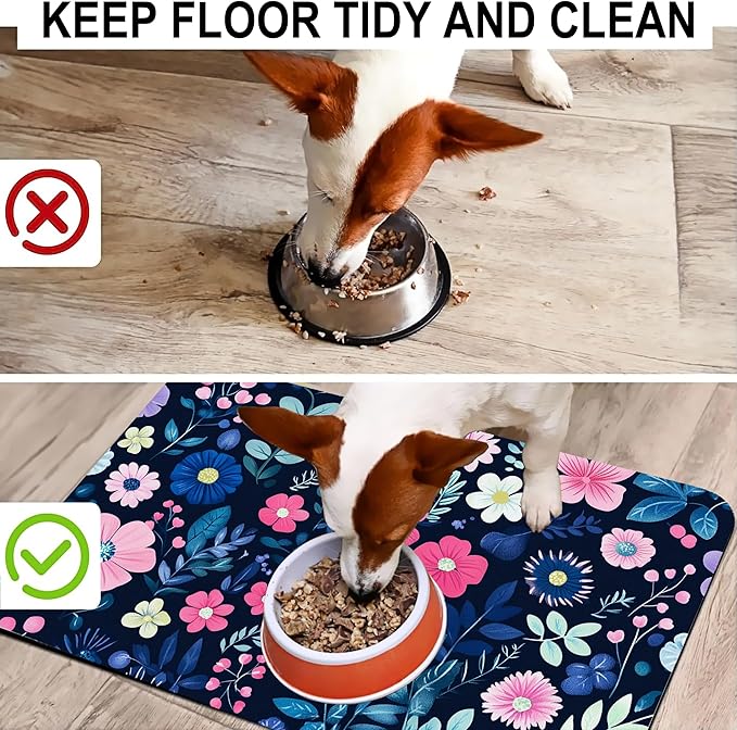 Groovy Wildflowers Pet Feeding Mat-Quick Dry Absorbent Dog Cat Food Mat, Anti-Slip Water Bowl Mats for Messy Eaters-No Stains Indoor Pet Accessories 12"x20"