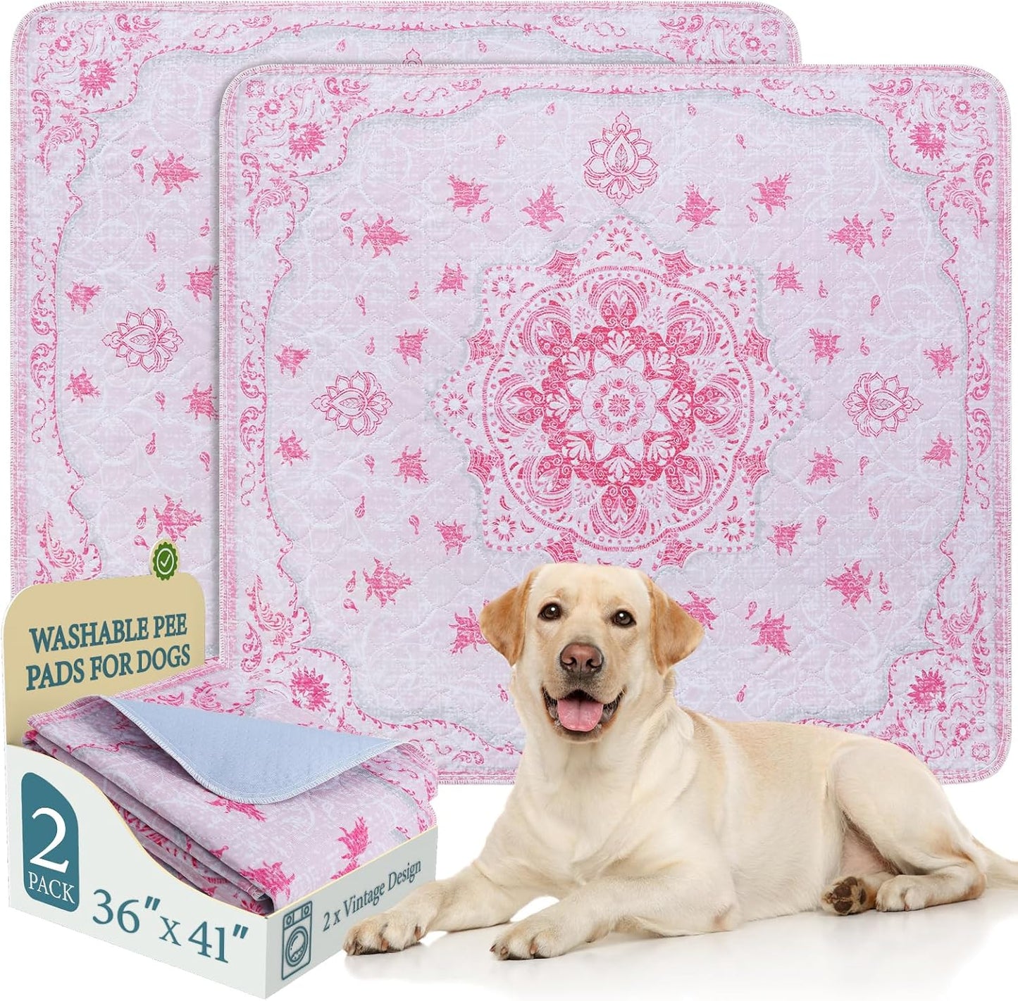 Homimp Washable Pee Pads for Dogs, 2 Pack Reusable Puppy Pads Waterproof, Absorbent and Leakproof Dog Pee Pads, Non Slip Puppy Training Pads, Pet Mat for Floor,Crate,Couch,Whelping,Pink, 36"x41"