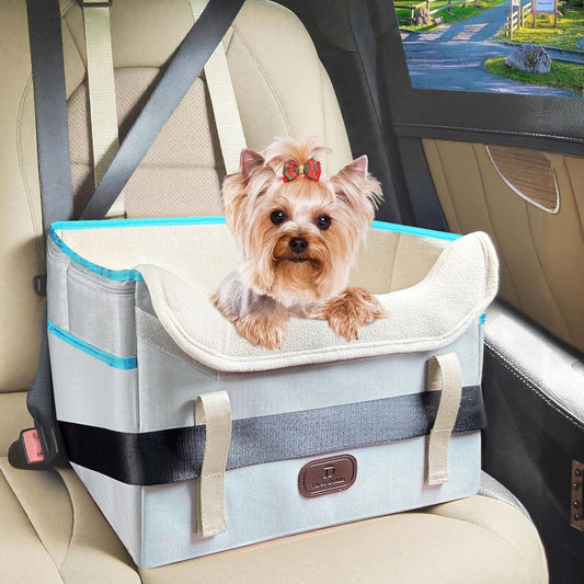 Dog Car Seat for Small Dogs, Fuzzy Dog Car Seat Stable, Waterproof, Foldable with Clip-On Safety Leash, Pet Booster Seat Suitable for Front and Rear Seats (Light Gray1-25lbs)