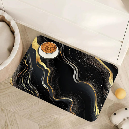Marble Pet Feeding Mat,Black Gold Flowing Marble Absorbent Quick-Dry Cat Dog Food and Water Bowl Mats,Non-Slip Rubber Backing Mat,Cat Dog Accessories Supplies 12"x20"