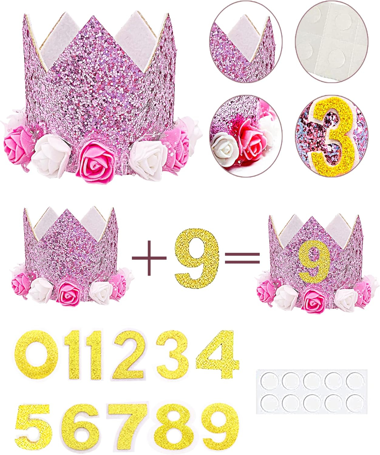 PET SHOW Pink Floral Hat, Bandana & Collar Bows Charms Set - Dog, Cat, Rabbit, Pig Birthday Gift - Reusable Adjustable Hat with 0-9 Figures, Pink for Girls - Apparel