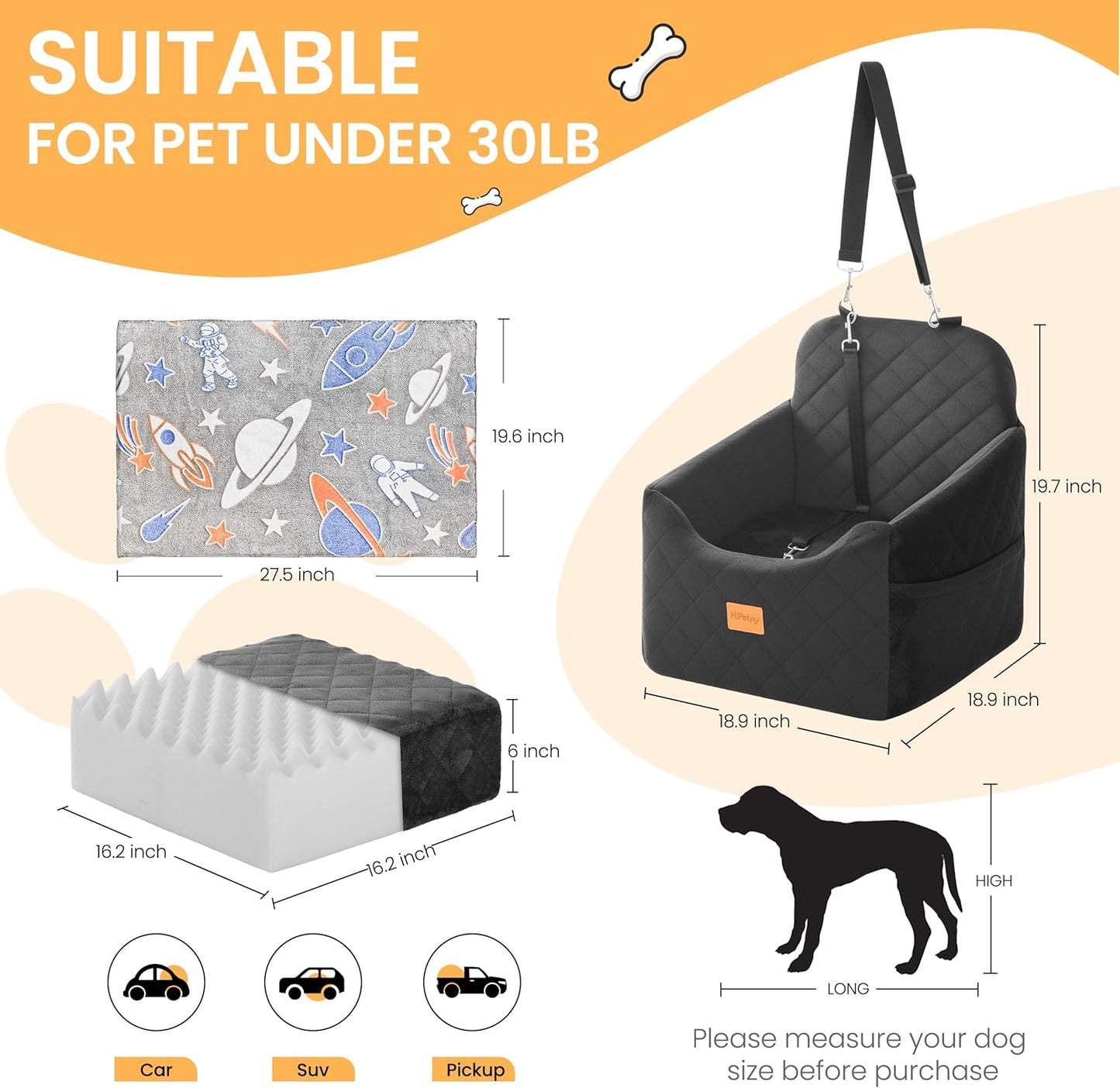 Dog Car Seat for Small Dog with Washable Mat, Memory Foam Booster Seat for Dogs Under 30lb, Elevated Pet Seat with Pockets, Anti-Slip Bed for Car, Perfect for Front & Back Seats with Safety Leash