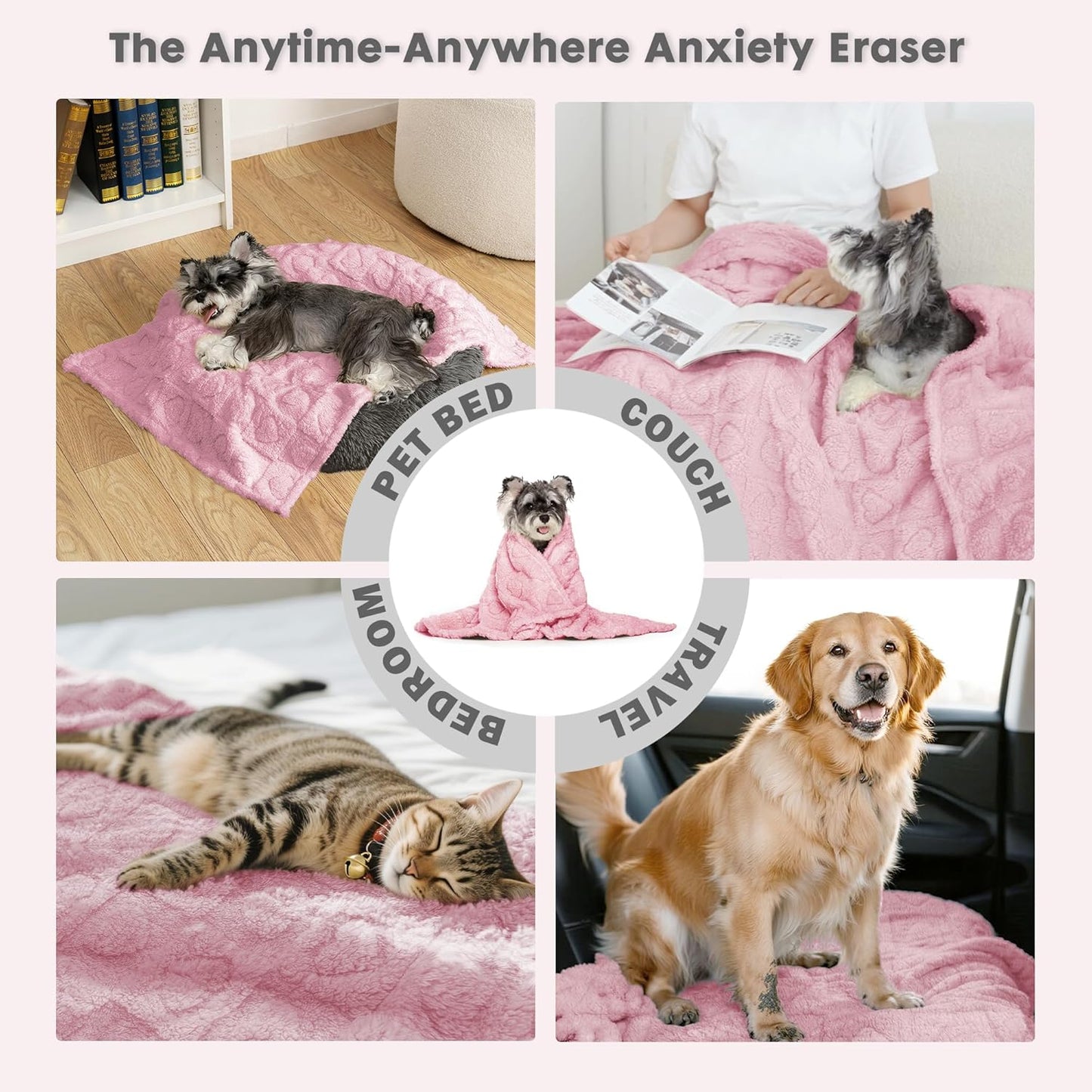 gogobunny Calming Plush Dog Cat Blanket 300GSM Coral Fleece, Ultra-Soft Machine Washable Pet Bedding for Small Medium Dogs Cats Puppies Kittens (Pink, 40x50)
