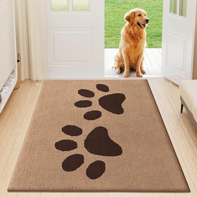 Buganda Dog Door Mat for Muddy Paws, Absorbent Dirt Trapper Washable Indoor Doormats, Non Slip Low-Profile Mud Mat for Dogs, Front Entrance Doormat for Inside Floor (47x32 Inches, Beige)