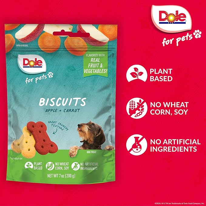 Dole for Pets Freshly Fetched Dog Biscuits, Apple & Carrot Flavor Dog Treats, 7oz | Flavored with Real Veggies, No Wheat, Corn, Soy, Artificial Flavors, Colors, Preservatives, or Animal Products