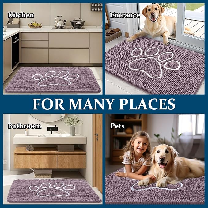 OLANLY Door Mat for Muddy Dog Paws 36x24, Absorbent Chenille Mud Doormat with Paw Print Design, Non-Slip Washable Doormat for Indoor Entryway, Quick-Dry Pet Bed Mats for Dirty Dogs, Deep Plum