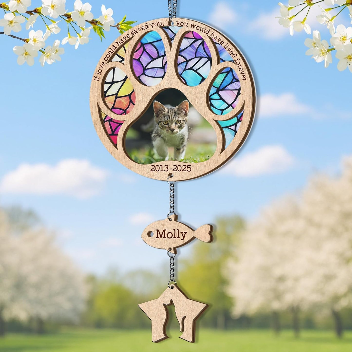 Customized Pet Loss Sympathy Gift for Cats | Custom Pet Memorial Suncatcher with Charms | Custom Cat Loss Sympathy Gift | Round Paw Stained Glass Suncatcher for Your Beloved Cat Passed Away