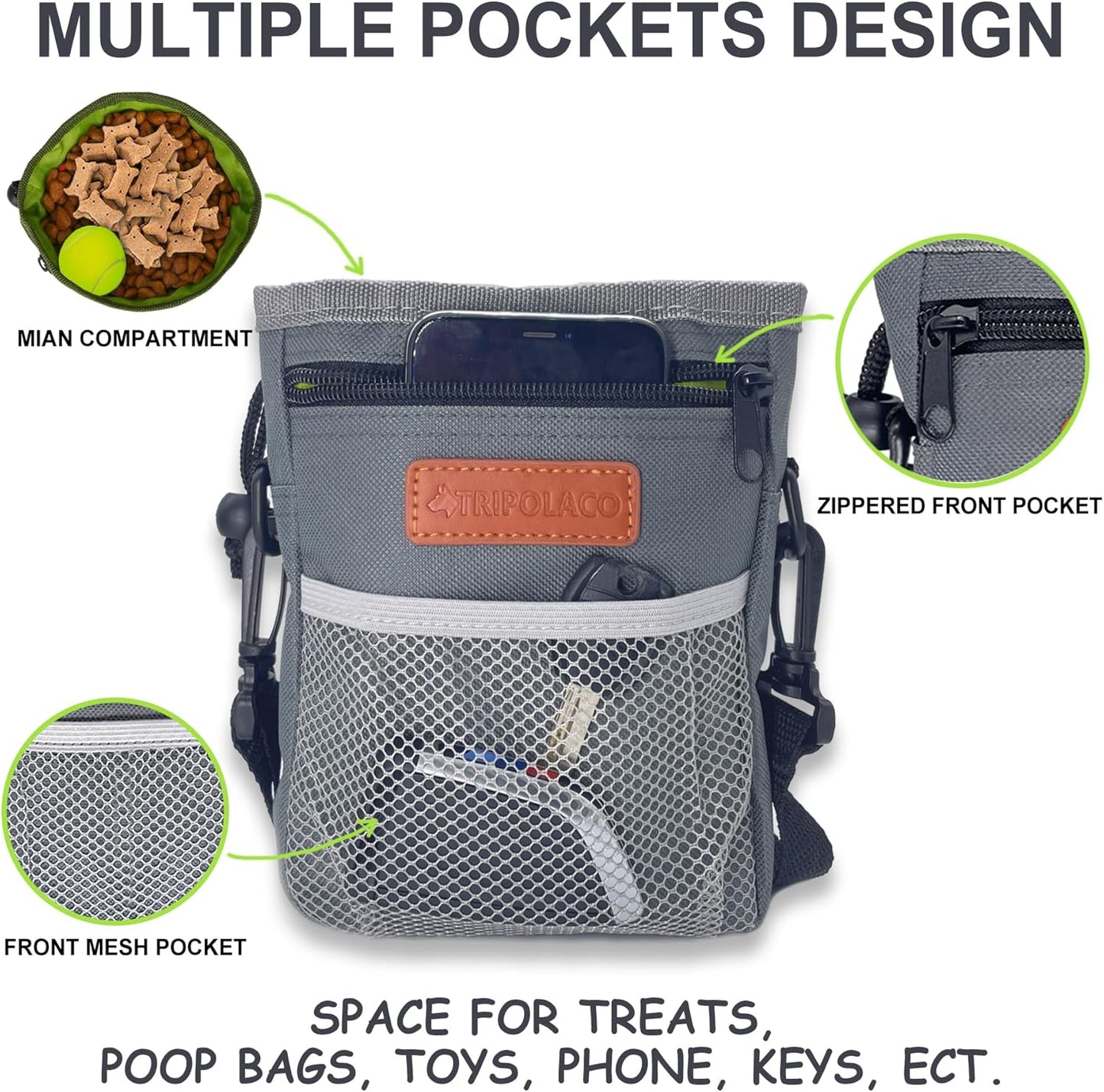 Dog Treat Pouch, Large Treat Pouches for Pet Training with Multiple Pockets, Built-in Poop Bag Dispenser & Phone Holder, 3 Wear Styles, Ideal Dog Treat Bag for Training & Walks