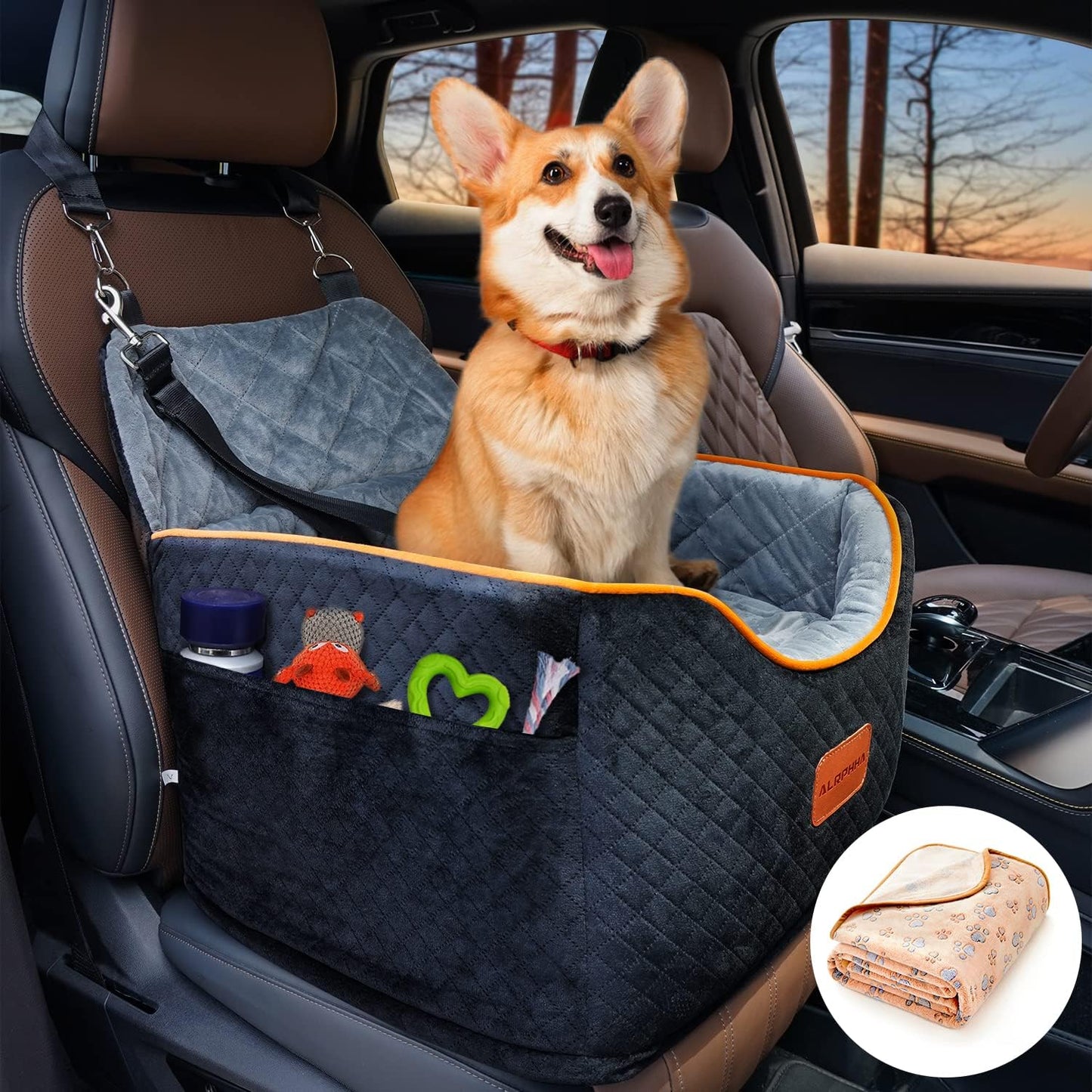 Memory Foam Booster Dog Car Seat with Washable Removable Cover, Elevated Pet Car Seat, Anti-Slip Sturdy Booster Seats for Small Dogs 35lbs, Seat Belt, Storage Pocket, Dog Blankets