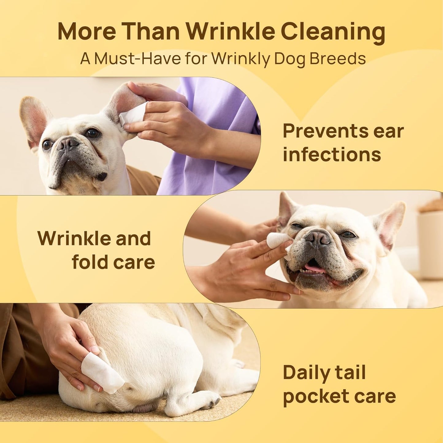 HICC PET Wrinkle Wipes, Vet-Recommended Dog Wipes Cleaning Deodorizing, Soothes Redness & Odor, Prevents Infections, Tear Stain Remover, Gentle for French Bulldogs, Pugs, English Bulldogs (100 Counts)