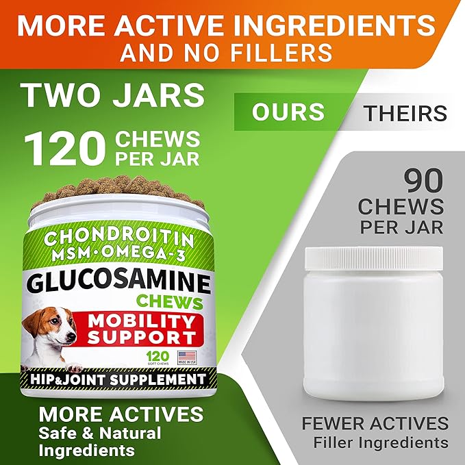 Glucosamine for Large Dogs - Joint Supplement Large Breed w/ Omega-3 Fish Oil - Chondroitin, MSM - Advanced Mobility Chews - Joint Pain Relief - Hip & Joint Care - Chicken Flavor - 240Ct - Made in USA