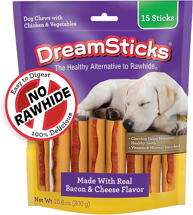 DreamBone DreamSticks with Real Bacon and Cheese Flavor, Rawhide Free Dog Chew Sticks 15 Sticks