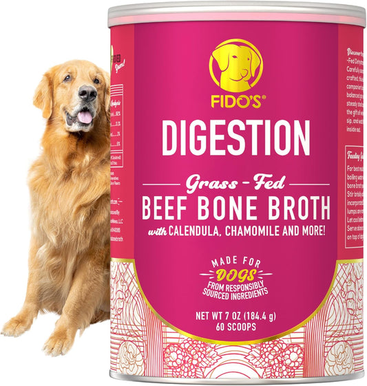 Fido's Digestion Bone Broth for Dogs - Grass-Fed Beef Bone Broth Powder & Organic Herbs - Supports Digestion & Gut Health - Dog Food Topper for Dry Food - 60 Scoops