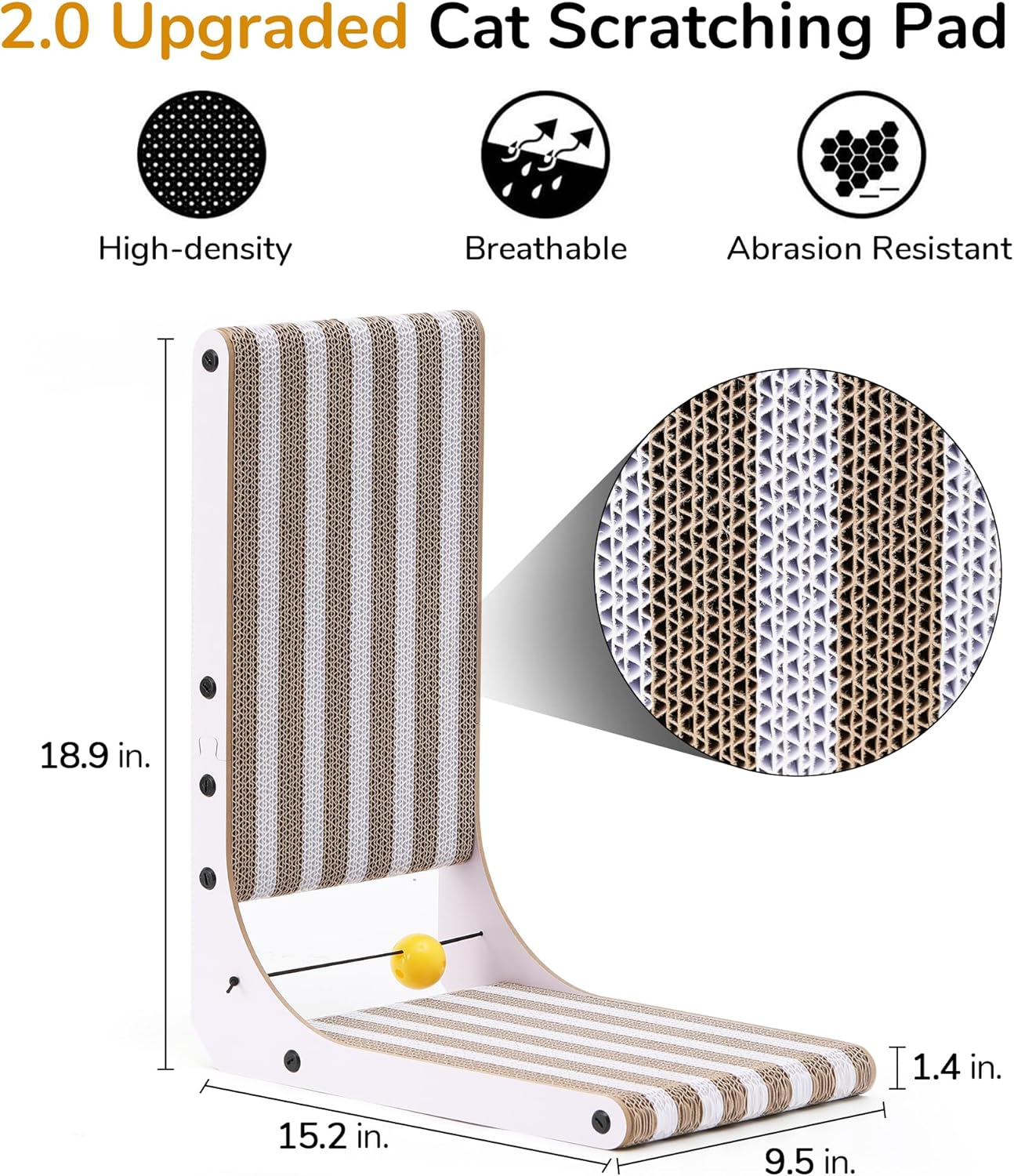 FUKUMARU Cat Scratcher, 18.9 Inch L Shape Cat Scratch Pad, Strip Pattern Cats Scratching Post Wall Mounted, Cardboard Cats Scratcher with Ball Toy for Indoor Kitty, Fun Playing Box Included, M