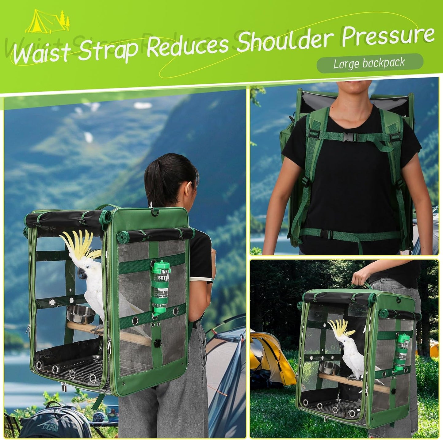 Suertree Bird Carrier Travel Cage, Cockatoo Carrier, Parrot Travel Backpack with Unbreakable Stainless Steel Mesh, Perch, Water Bottle and Food Bowl, X-Large Green