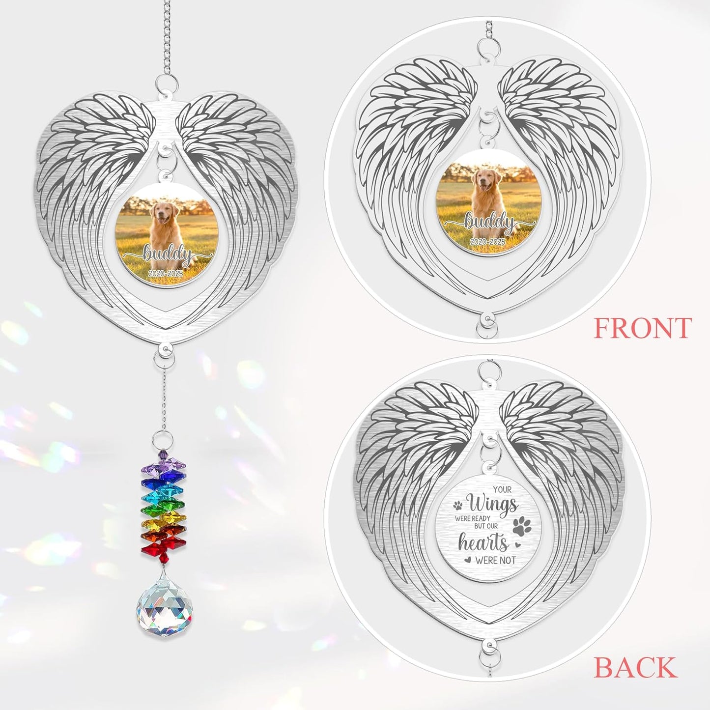 Personalized Dog Memorial Suncatcher, Pet Loss Ornament for Dog Owner - Angel Wings Frame with Custom Photo & Years - Rainbow Crystal Remembrance Gift for Christmas