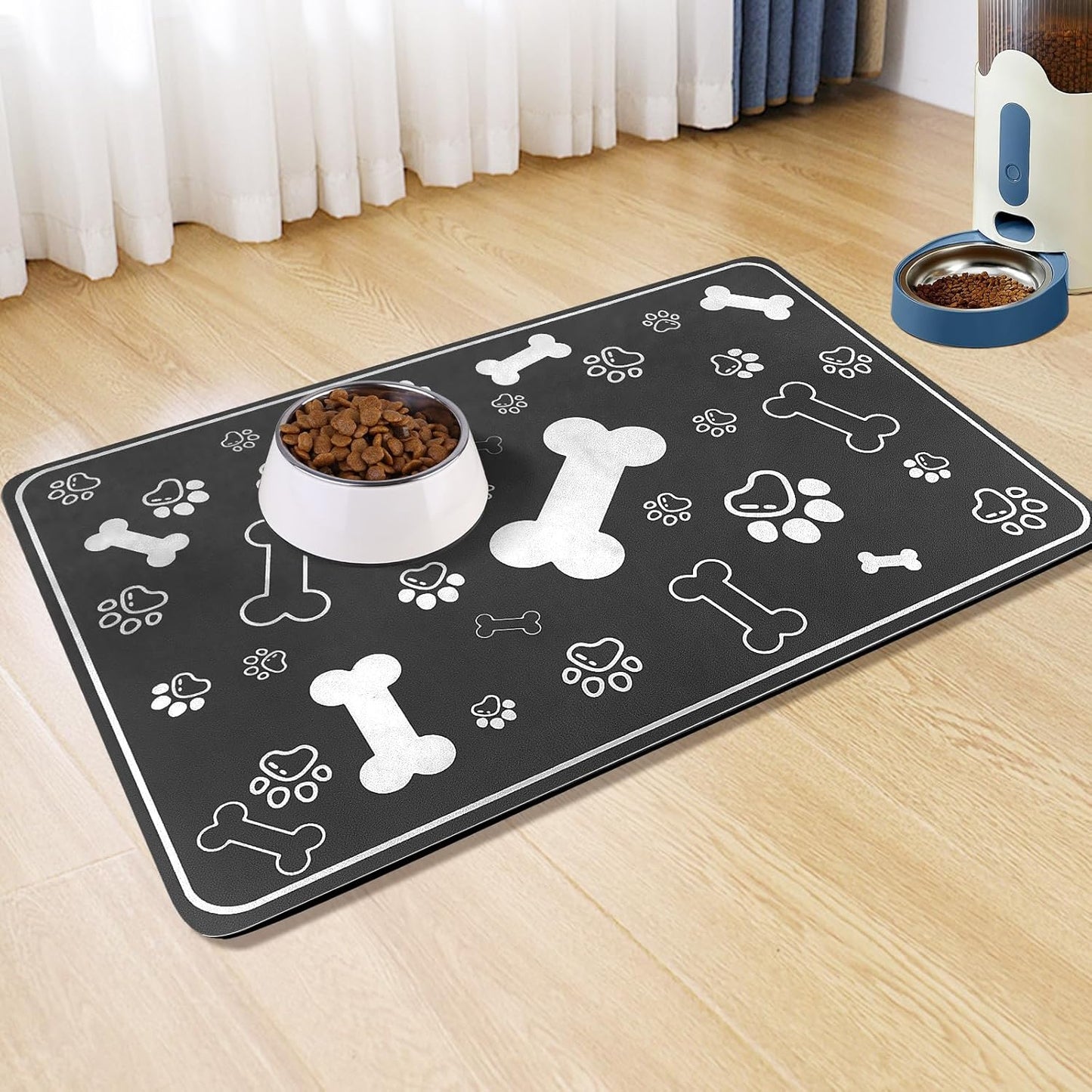 Pet Feeding Mat,Rapid Absorbent Mats for Dog Cat Food, Dog Placemat Water Bowl Mat with Rubber Backing,Messy Drinkers to Protect Floors, Pet Accessories 16"×24" Black