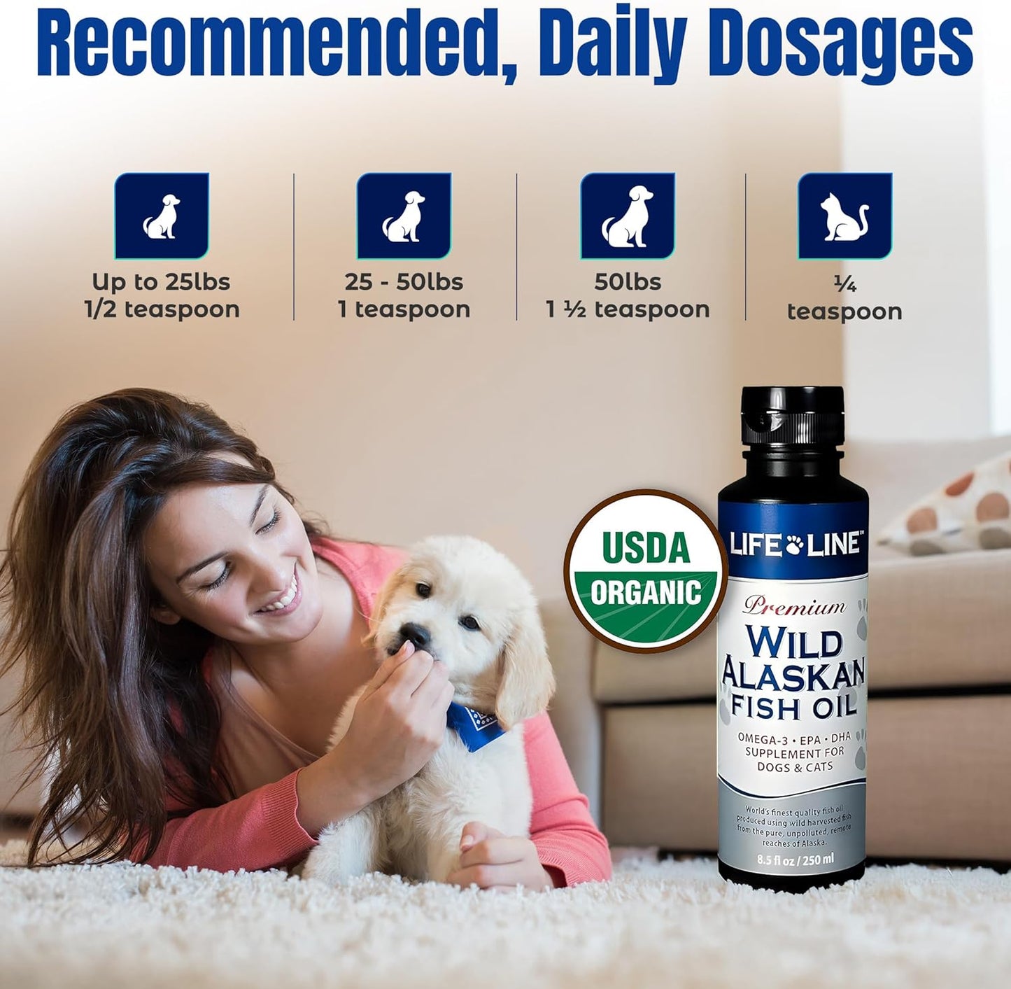 Life Line Pet Nutrition Wild Alaskan Fish Oil Omega-3 Supplement for Skin & Coat – Supports Brain, Eye & Heart Health in Dogs & Cats, 8.5oz