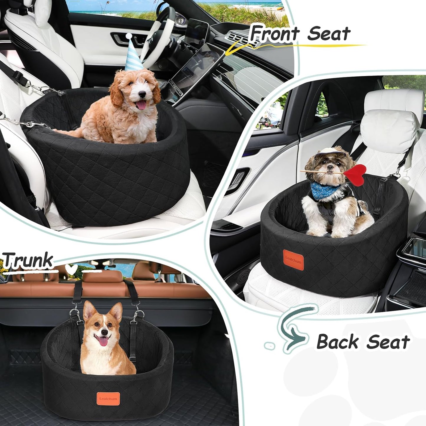 Dog Car Seat for Small Dogs Up to 30 Lbs,Ultra Soft Fabric Fill in Comfy Memory Foam,Happy Pet Ride,2 Safety Dog Leashes,Fully Detachable and Washable,Anti Slip Base(Black)