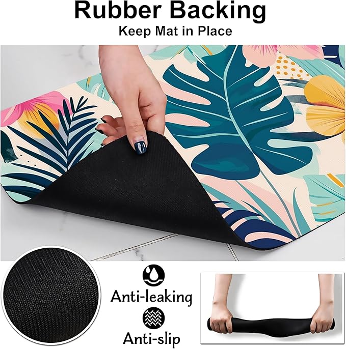Tropical Leaves Flowers Pet Feeding Mat for Floors-Absorbent Dog Bowl Mat for Food and Water, Quick Dry Pet Cat Feeding Mats with Non Slip Bottom, Mess-Free Dog Accessories 16"x24"