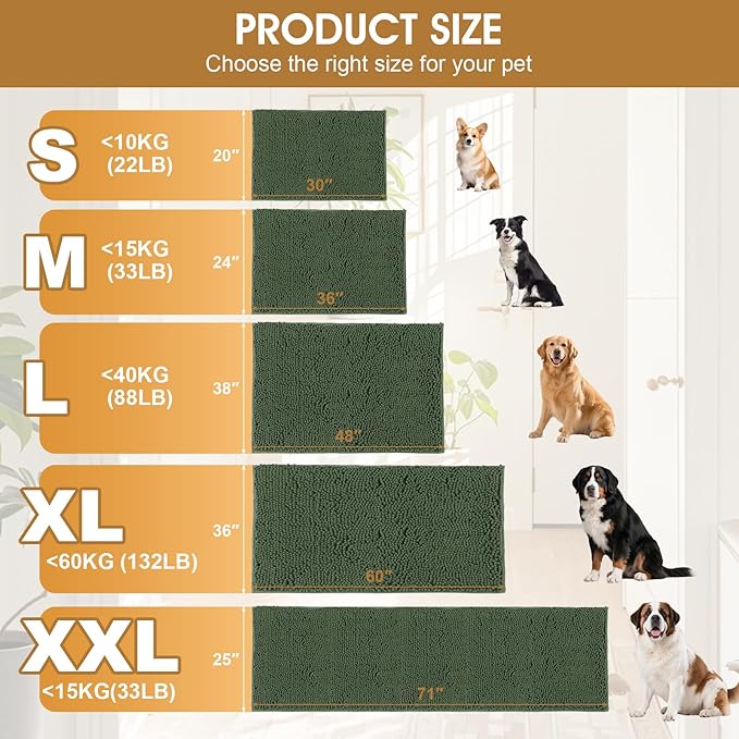 Dog Door Mats for Muddy Paws, Chenille Absorbent Door Mats, Non Slip Heavy Mud Mat for Dogs, Soft Indoor Door Mat for Entryway, Mud Paws, Inside Floor,30" X 20", Olive