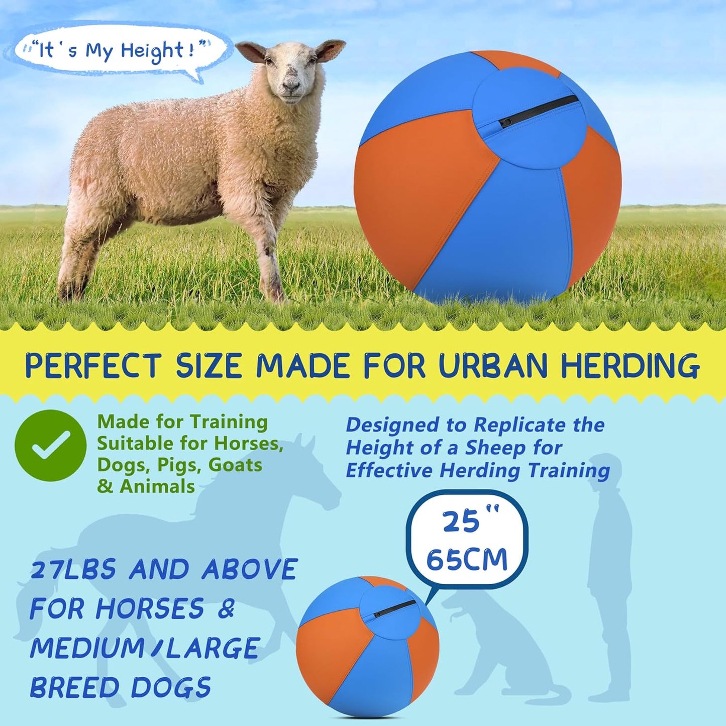 Herding Ball for Dogs and Horses - 25" Jolly Ball for Dogs, Agility Training Equipment, Herding for Australian/German Shepherd, Improved Bite-Resistant, Reinforced Sewing Dog Toys - Blue&Orange Large