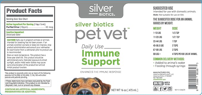 Silver Biotics Pet Vet Immune Support | Enhances The Immune Response in Pets | 16 Fl Oz