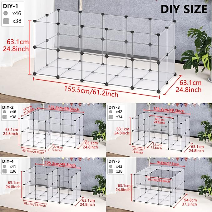 DINMO Guinea Pig Cages with Floor, Puppy Playpen, Small Animal Playpen for Rabbit, Bunny, Ferret, Hedgehog, DIY, Expanded, Portable, Exercise Fence, 61.2 x 24.8 x 24.8inch